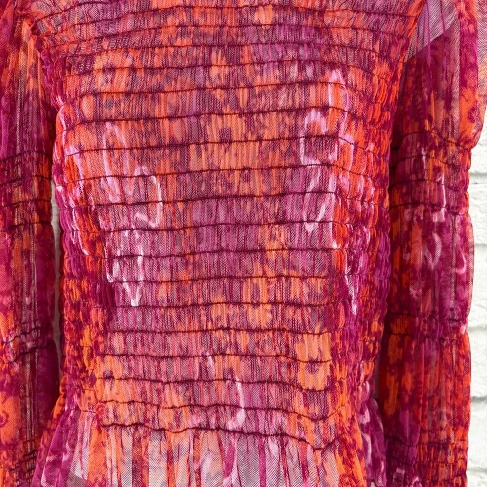 Free People Hello There Floral Boho Top Smocked Mesh See Measurements